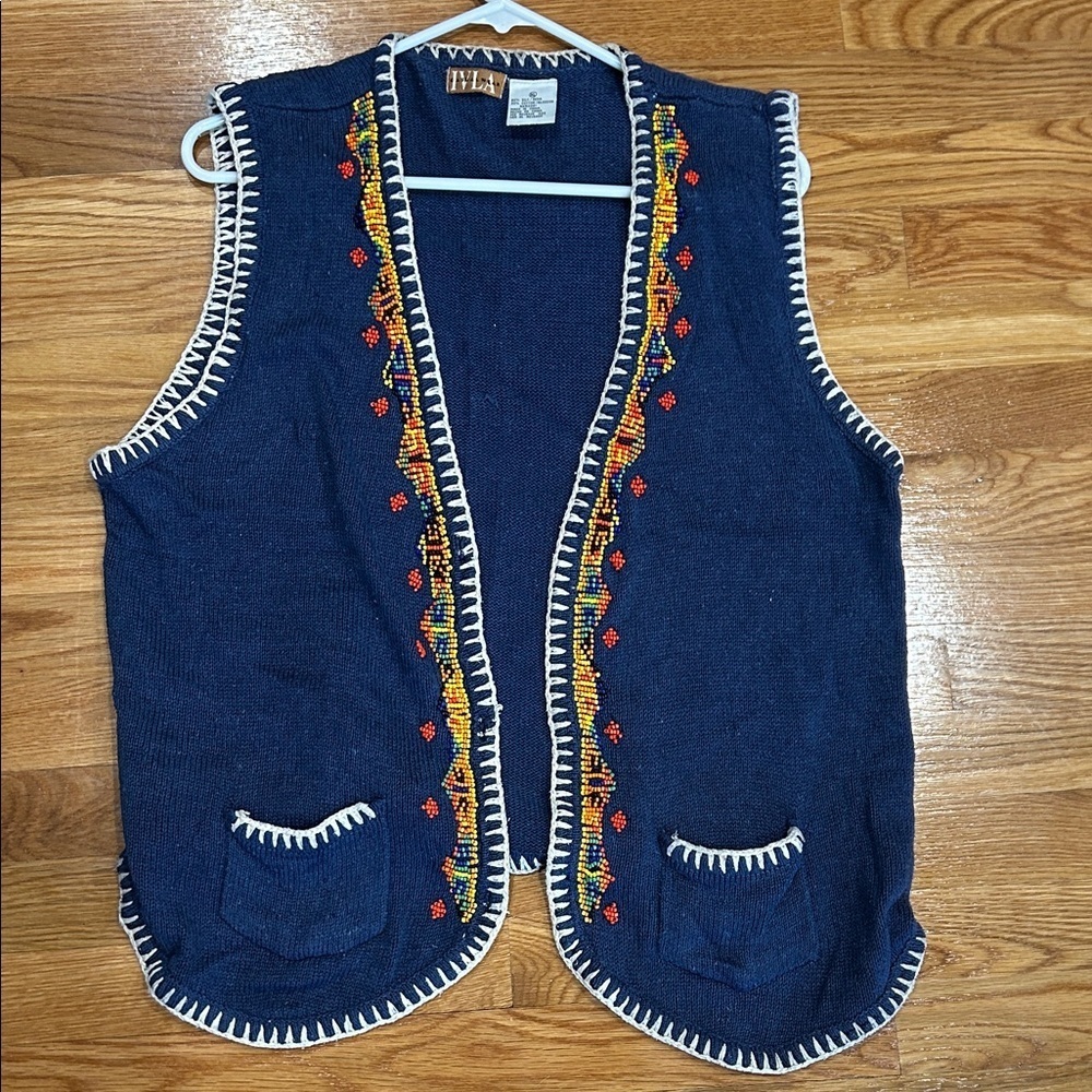 Vintage 90 boho western beaded Blue Embroidered silk cotton Vest women’s XL